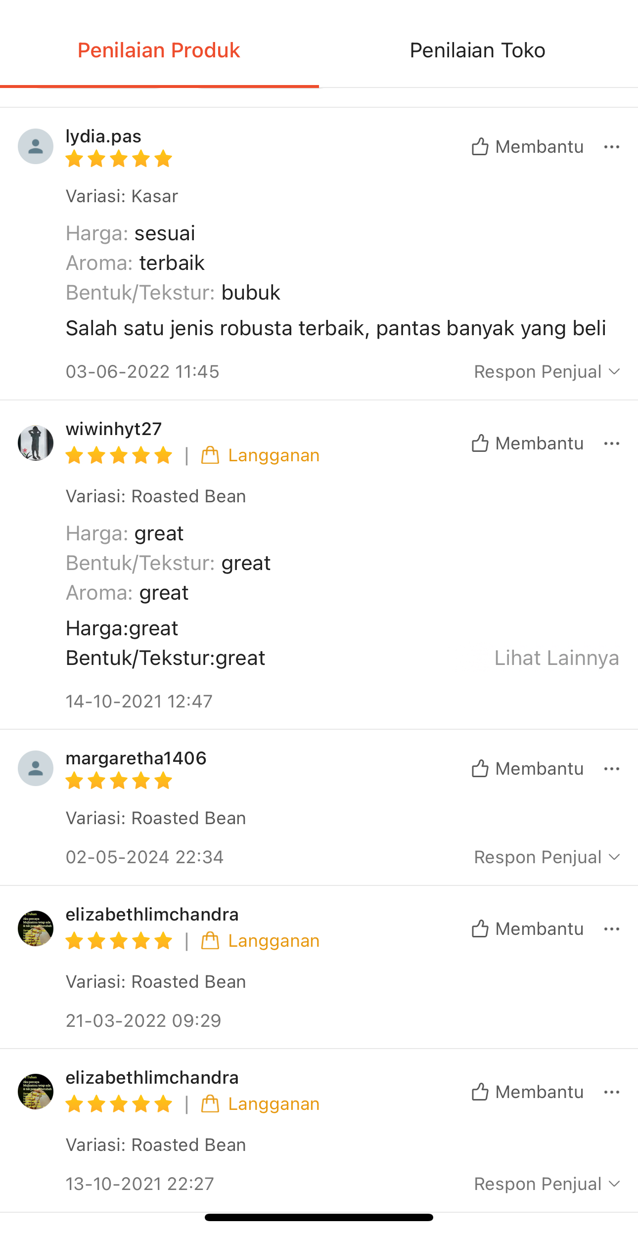 Shopee buyer testimony screenshot praising Coffeesia coffee quality